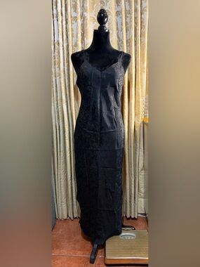 VTG 90s Cabernet Black Jacquard Maxi Nightgown Hollywood Regency Slip Dress S
